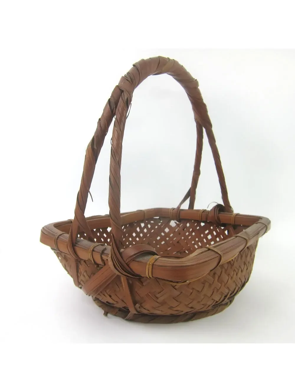 Japanese Ikebana Woven Bamboo Flower Basket 10x7 Rectangle Handle Vintage 1930s